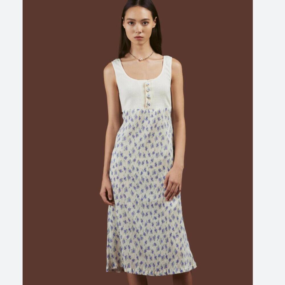 UNIF Butter Cottagecore Textured Dress Cream and Purple Floral Large NWOT